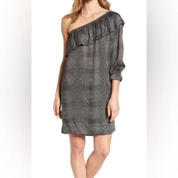 Anthropologie Velvet by Graham & Spencer Black Print One Shoulder Shift Dress S - Picture 1 of 16